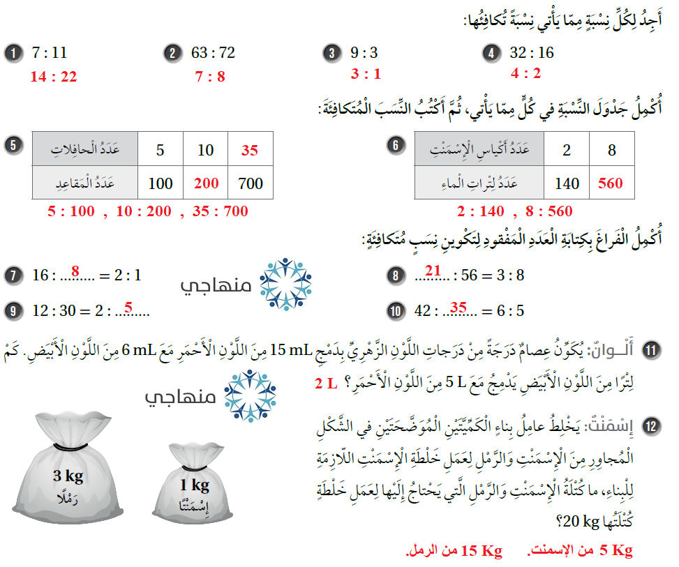 حل أسئلة درس النسب المتكافئة